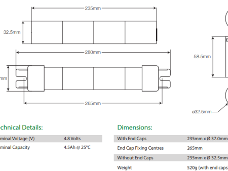 LitePlan 4.8V 4.5Ah NiCd Battery in Stick Formation with End Caps & Twin Socket Discount