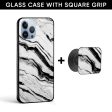 White Texture Marble Glass case with Square Phone Grip Combo Online Hot Sale