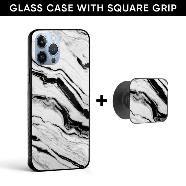 White Texture Marble Glass case with Square Phone Grip Combo Online Hot Sale