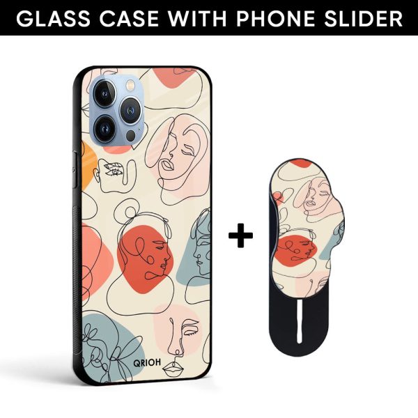 Abstract Faces Glass case with Slider Phone Grip Combo Sale