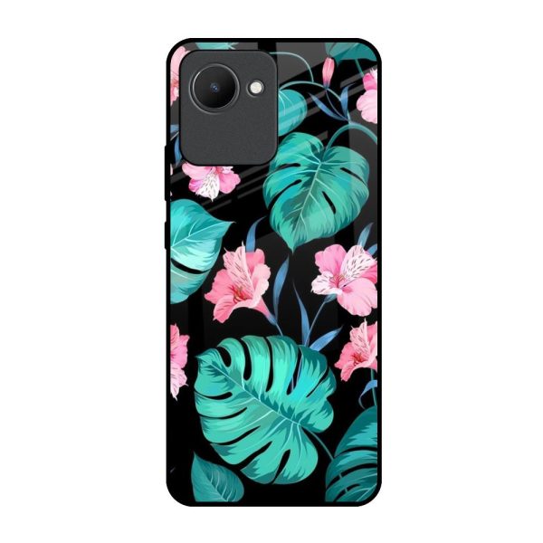 Tropical Leaves & Pink Flowers Glass Case for Realme C30 Supply