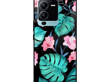 Tropical Leaves & Pink Flowers Glass case for Vivo V25 Pro Fashion