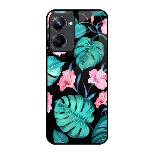 Tropical Leaves & Pink Flowers Glass Case for Realme 10 Pro 5G Online Sale