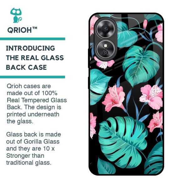 Tropical Leaves & Pink Flowers Glass Case for OPPO A17 Online now