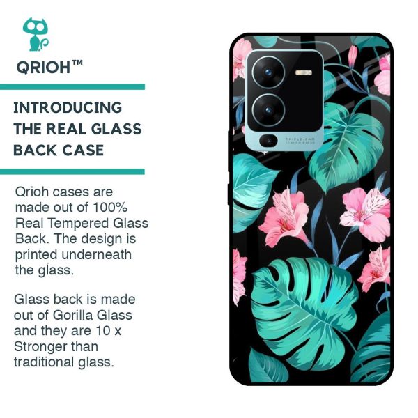 Tropical Leaves & Pink Flowers Glass case for Vivo V25 Pro Fashion