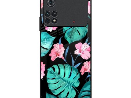 Tropical Leaves & Pink Flowers Glass Case for Poco M4 Pro For Cheap