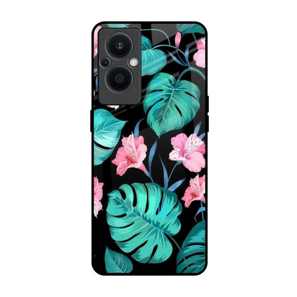 Tropical Leaves & Pink Flowers Glass Case for Oppo F21s Pro 5G For Cheap